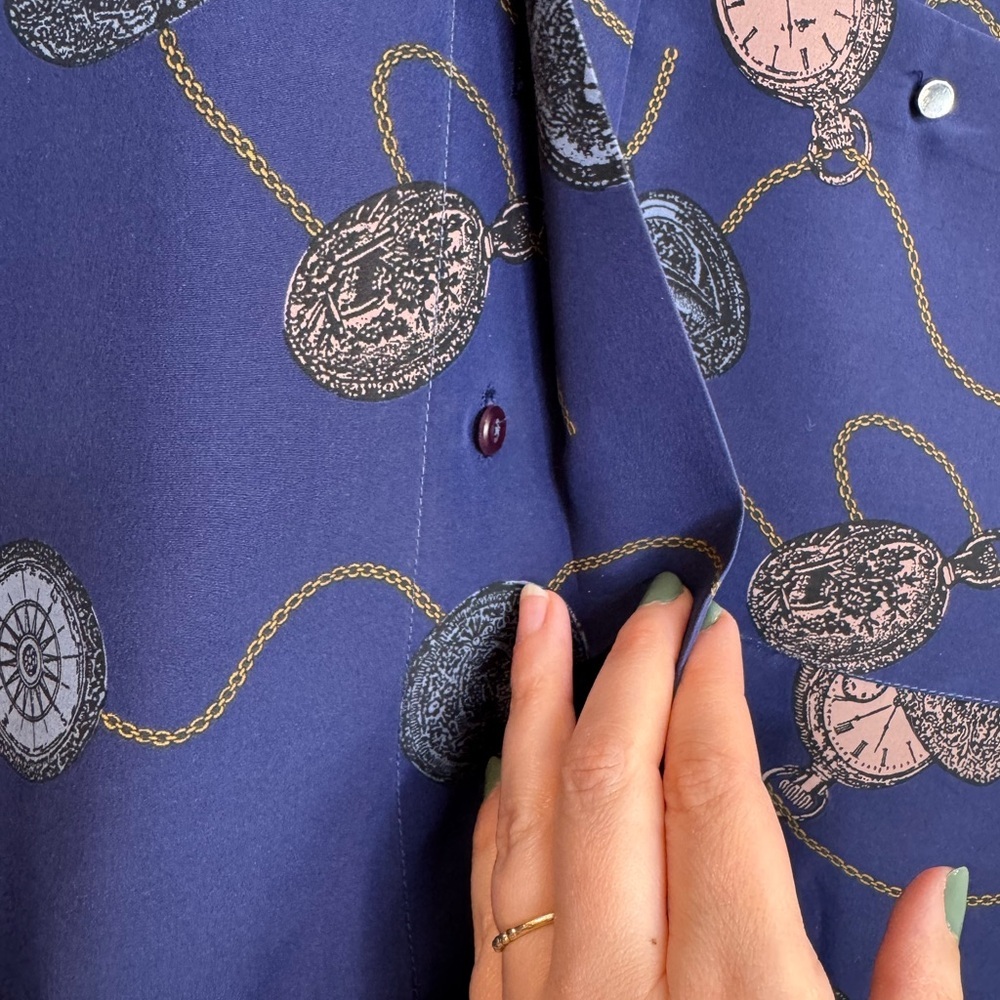Vintage purple Button-Up Shirt with Clock Pattern novelty size 12 artsy quirky - Picture 7 of 11